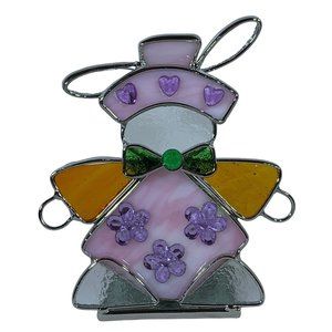 Vintage Stained Glass Bunny Candle Holder Tealight Girl Easter Flowers 5.5 in